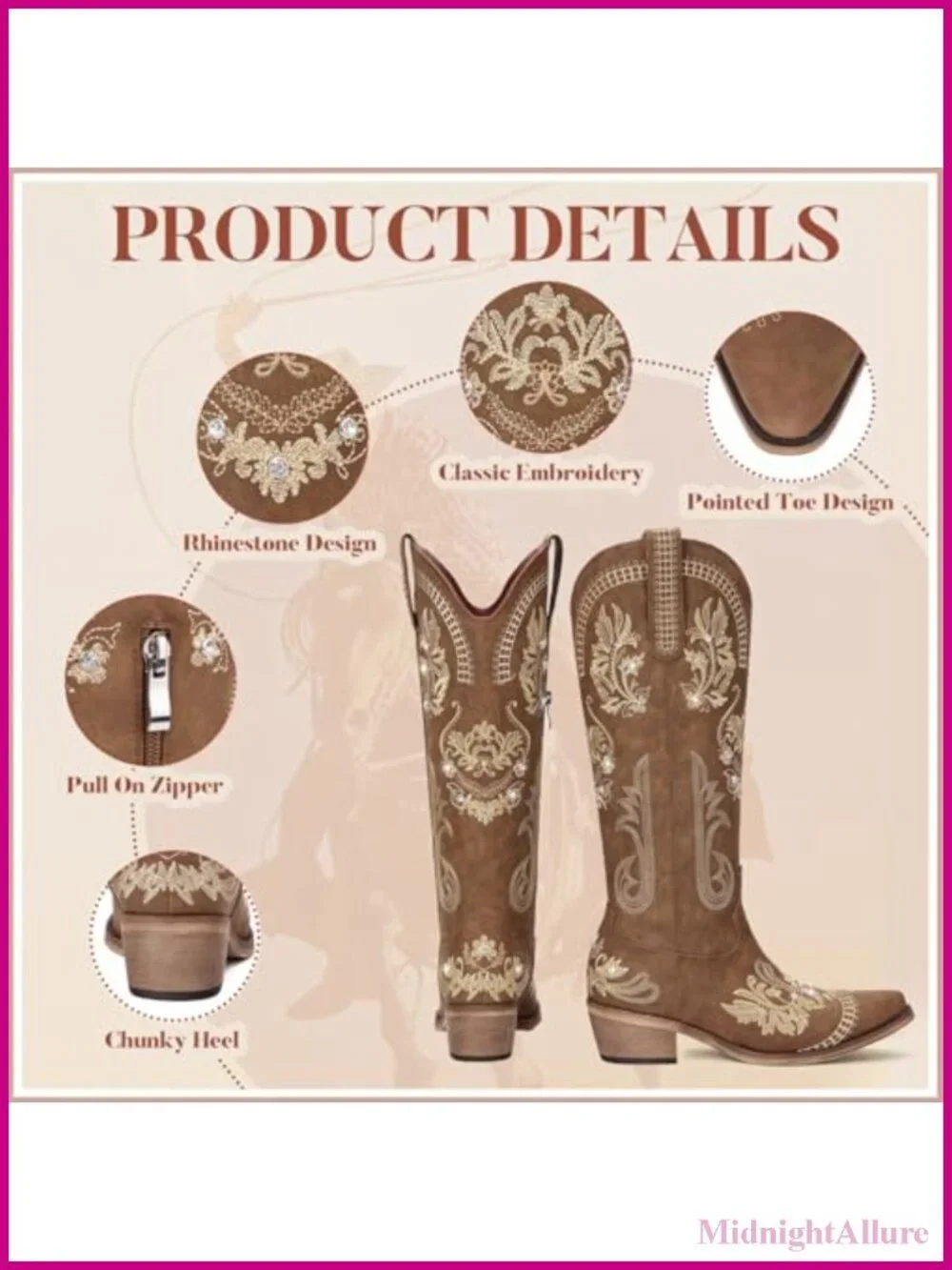 Western Cowgirl Boots Knee High Rhinestone Embroidered Pointed Toe